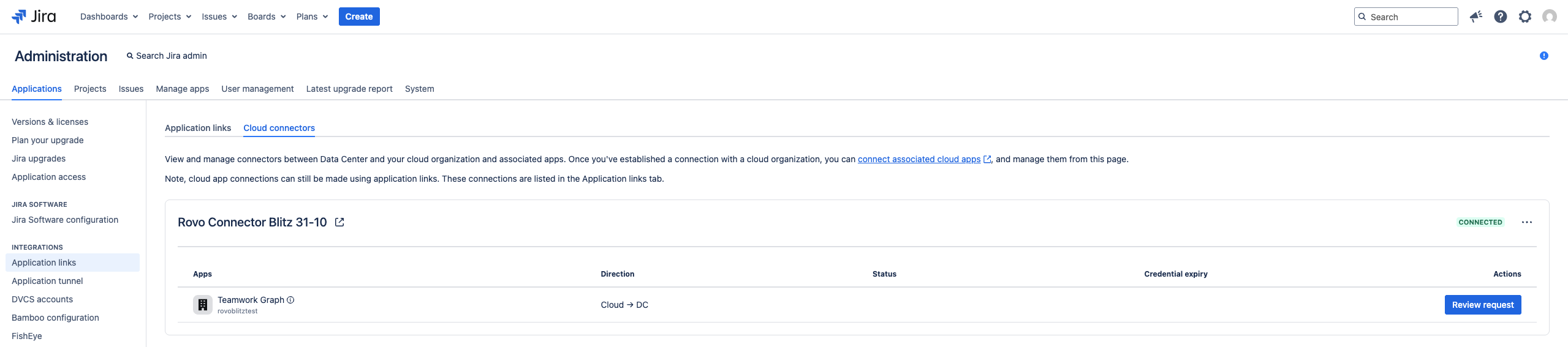 Cloud connectors screen in Confluence Data Center admin with Review request option for Rovo connector