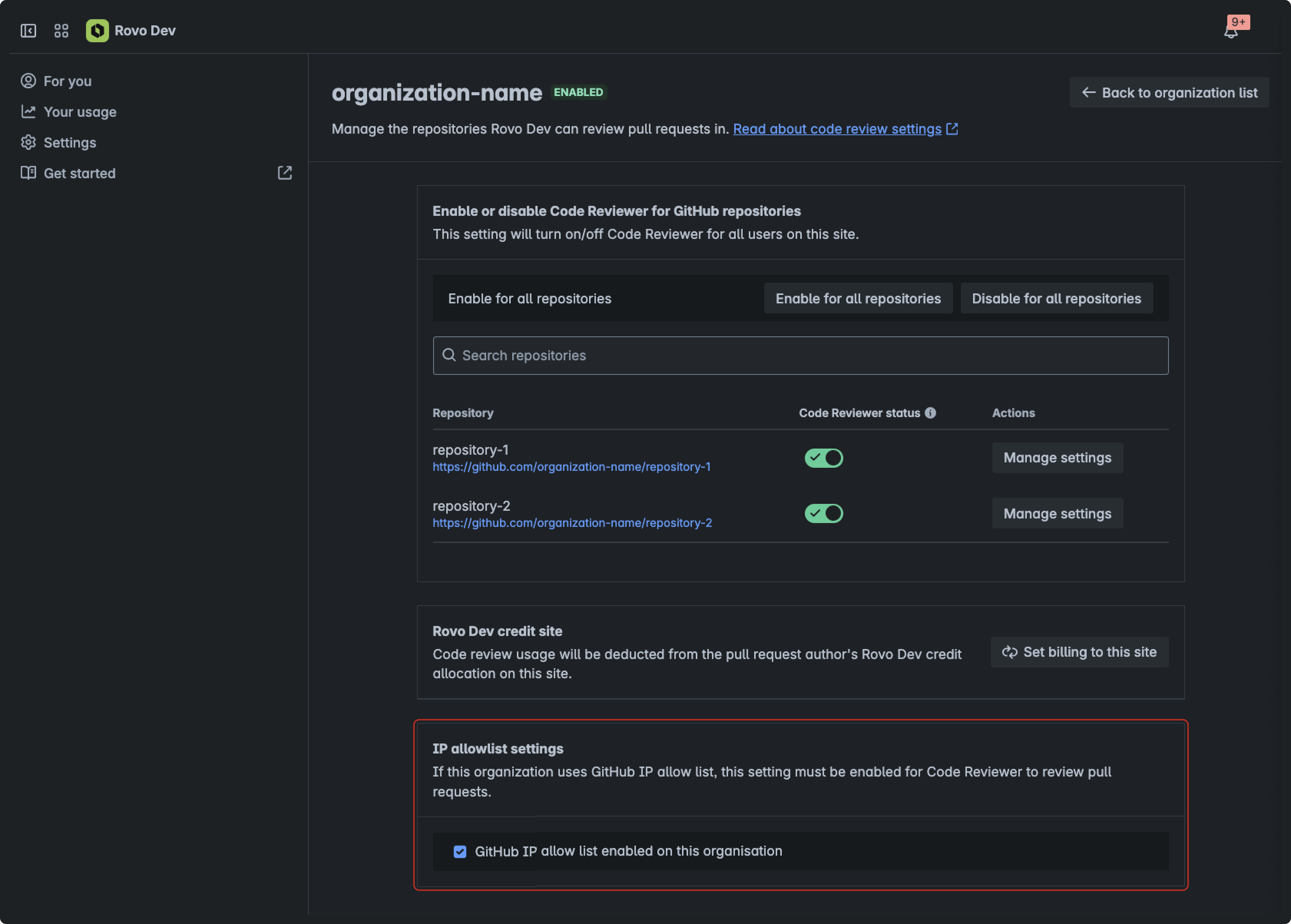 The IP allow list setting for a GitHub organization