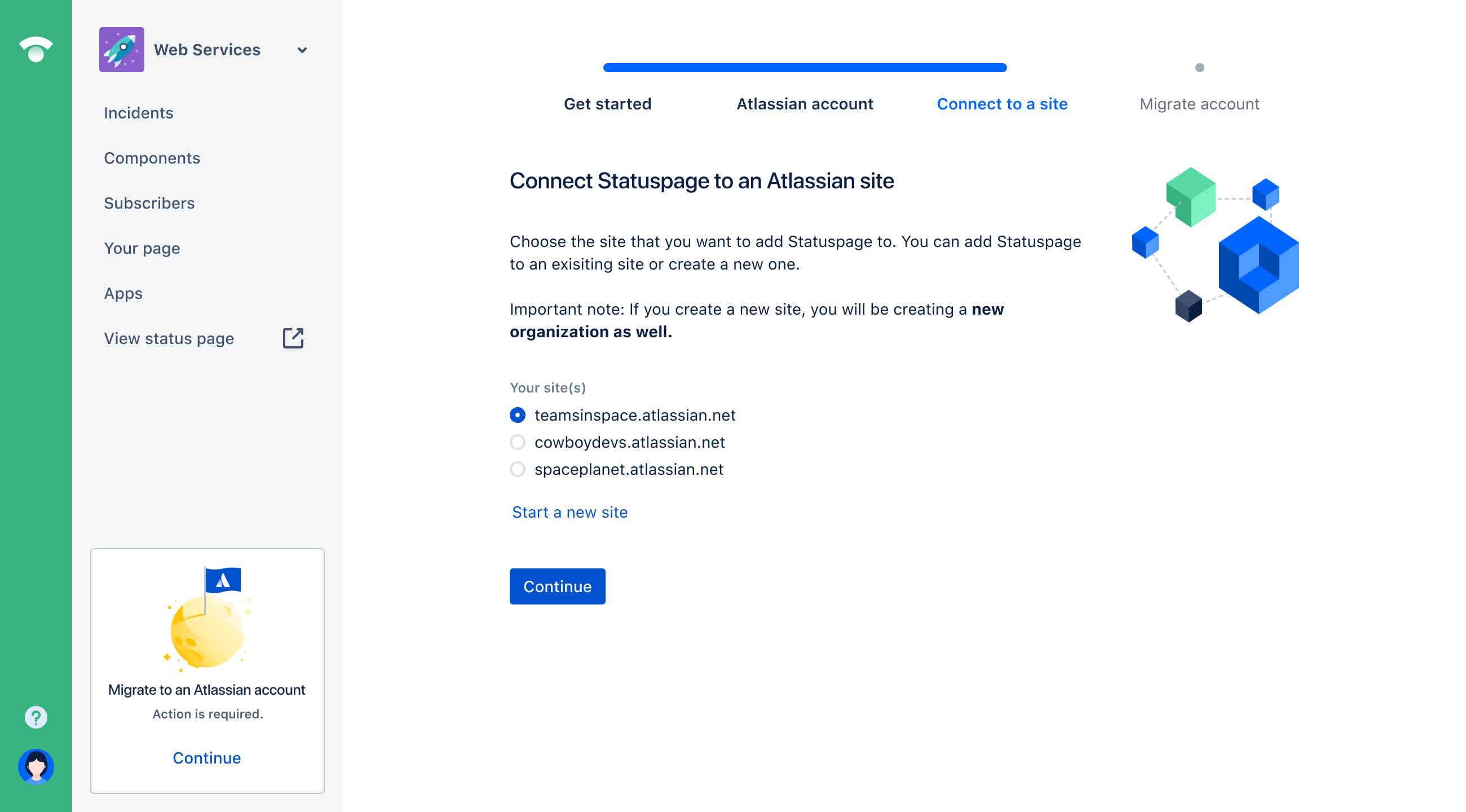 Shows step 3 of the migration guide to connect Statuspage to an Atlassian site