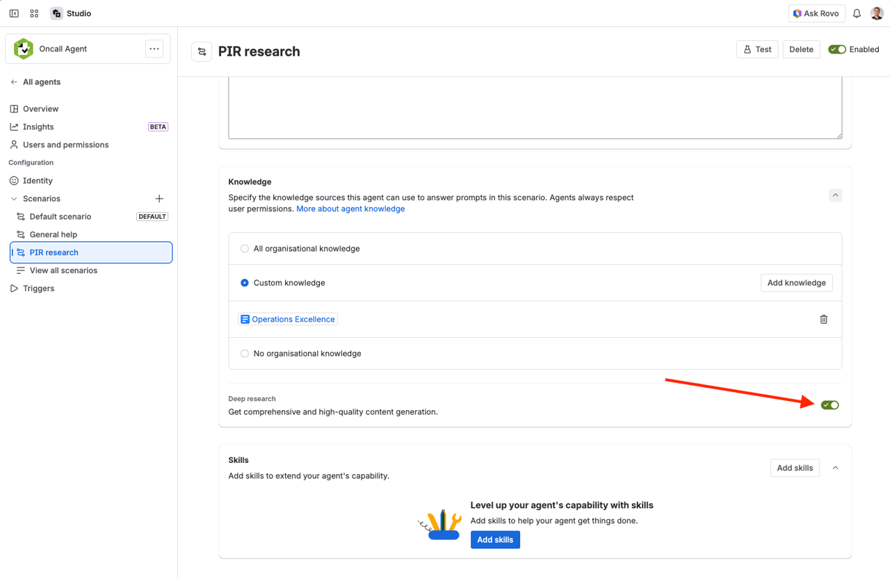 Custom knowledge is selected in the scenario, PIR Research. A source page is attached and the Deep research toggle is on.