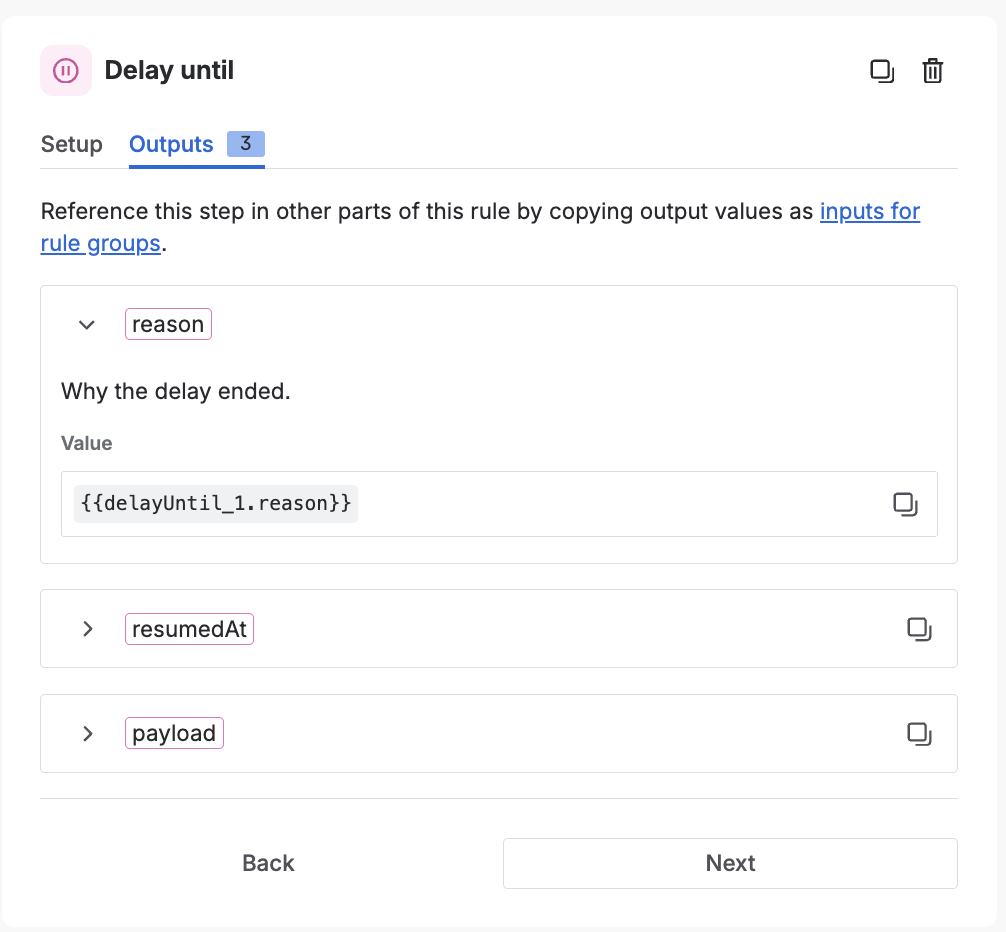 Screenshot of the Outputs tab for the Delay until step.