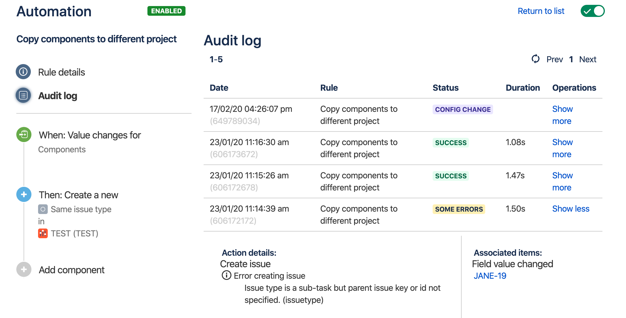 Audit log in Jira automation, showing a rule has run twice successfully, once with errors, and once with config changes.