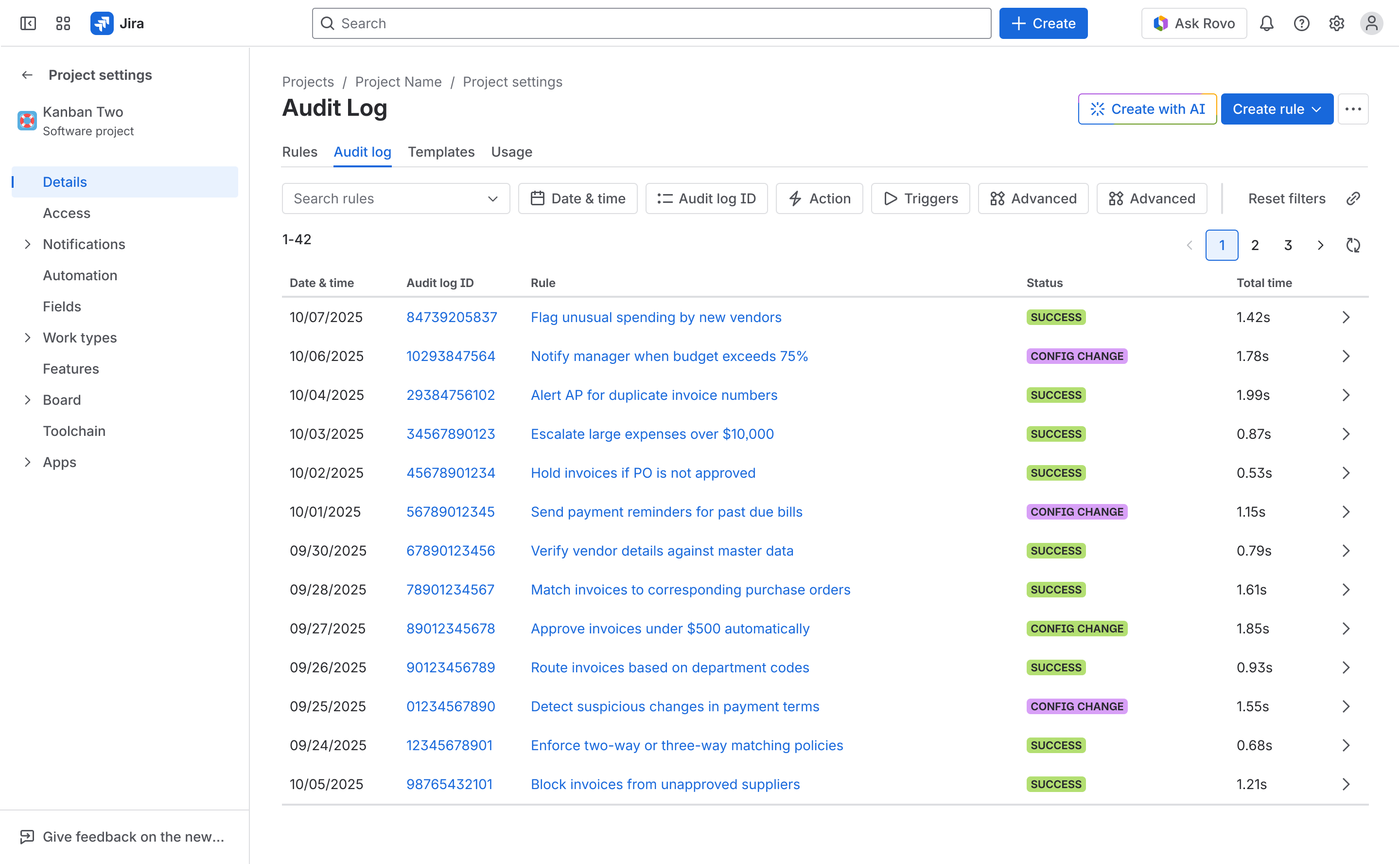 Audit log in Jira automation, showing a rule has run twice successfully, once with errors, and once with config changes.