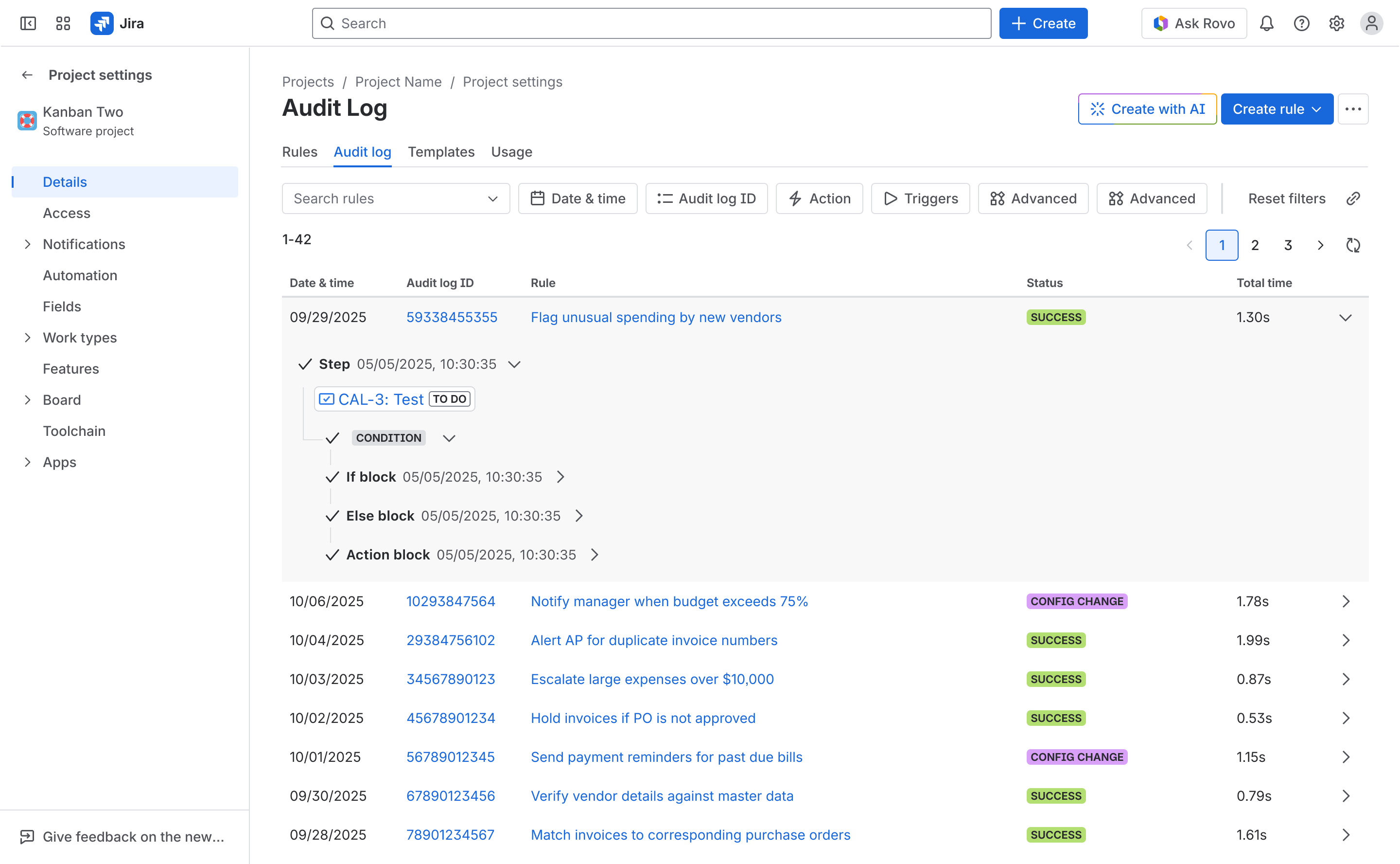 The Audit log tab in Automation shows a table of event logs. One log is expanded, revealing run times for each rule step