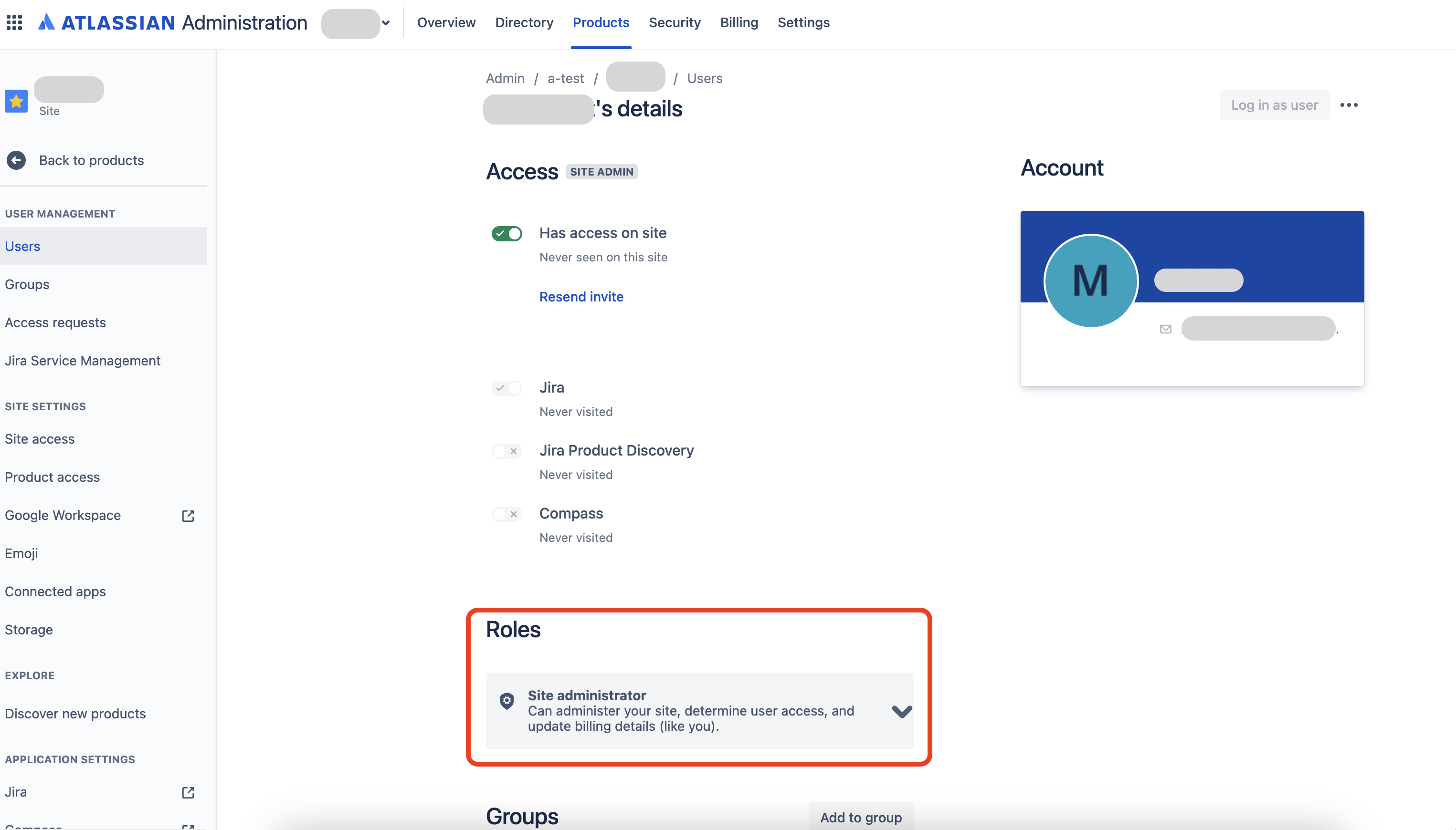 Screenshot of the original user management UI. The user's account profile is displayed and the user has the Site administrator role assigned to them