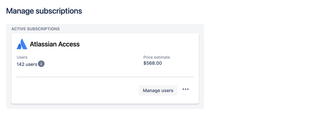 Screenshot of Manage subscriptions for Atlassian Access showing number of billable users for Atlassian Access