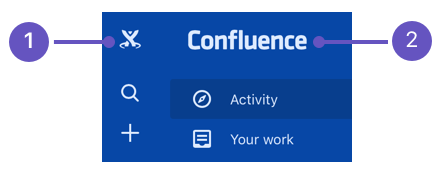 Confluence アプリケーションのロゴ (1) が、カスタマイズ可能なサイトのロゴ (2) と併せて表示されます。