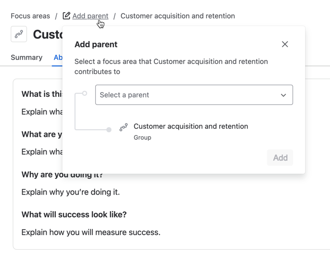 Showing the detail page of a focus area and how to add a parent using the breadcrumb at the top of the page