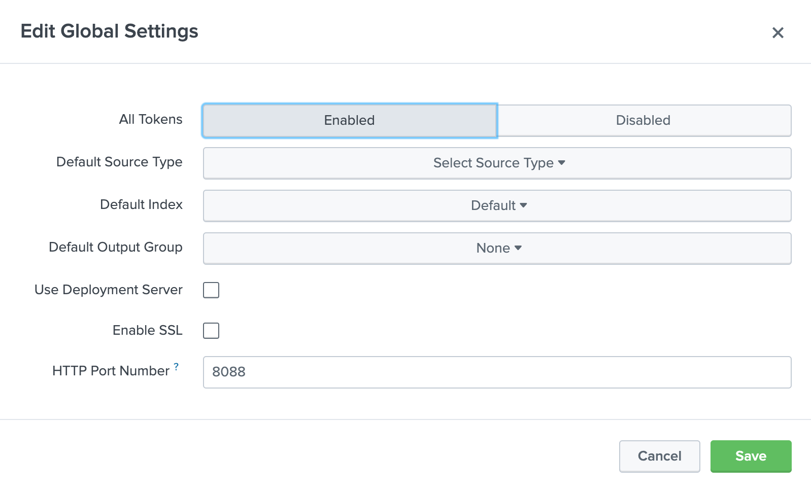 Splunk グローバル設定の編集