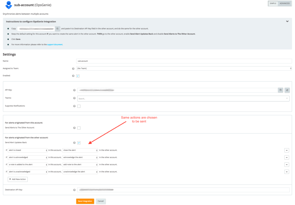 Opsgenie を別の Opsgenie と統合するときに、サブアカウントでアクションを実行する方法を示すスクリーンショット。