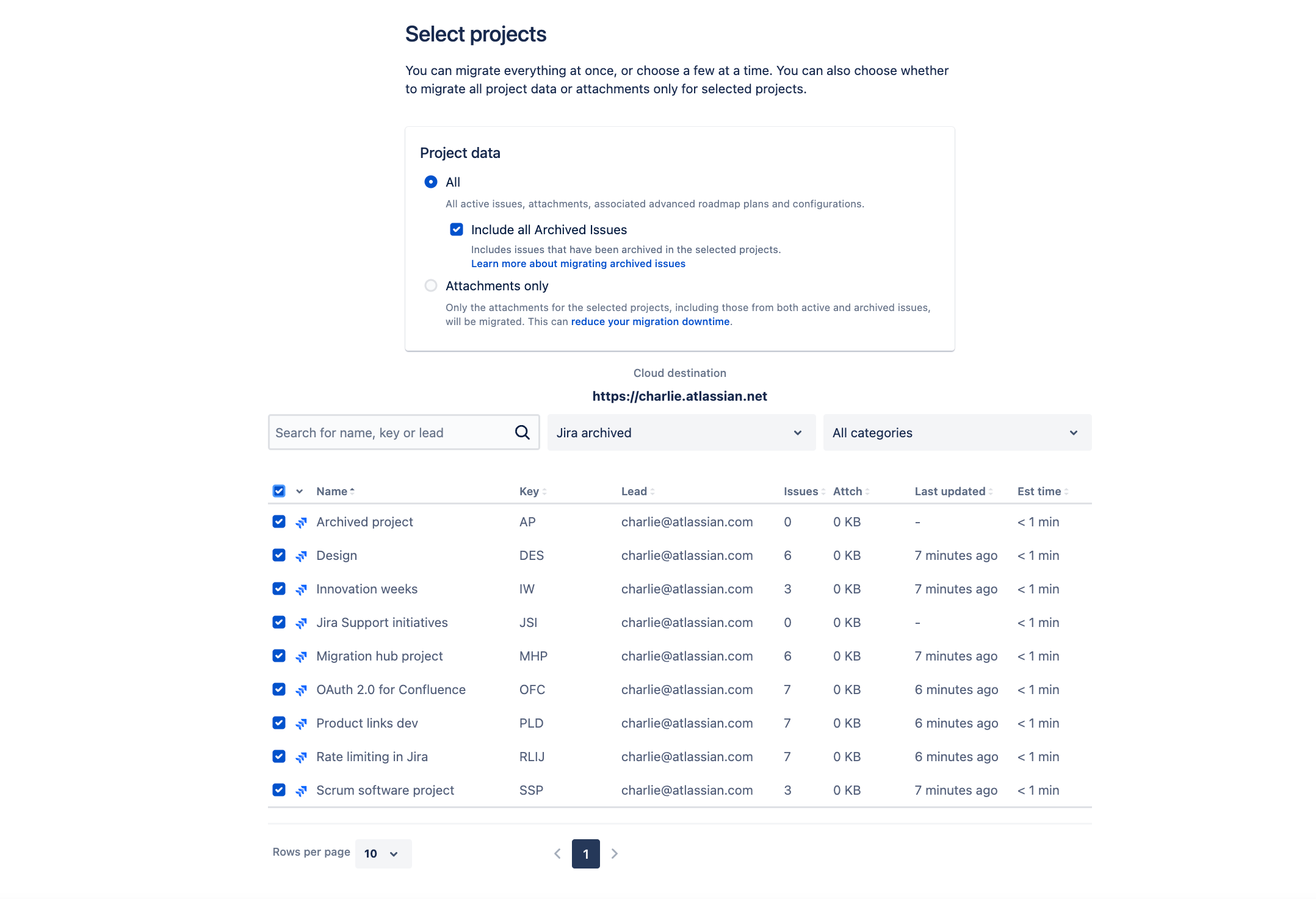 Selecting projects in Jira Cloud Migration Assistant.