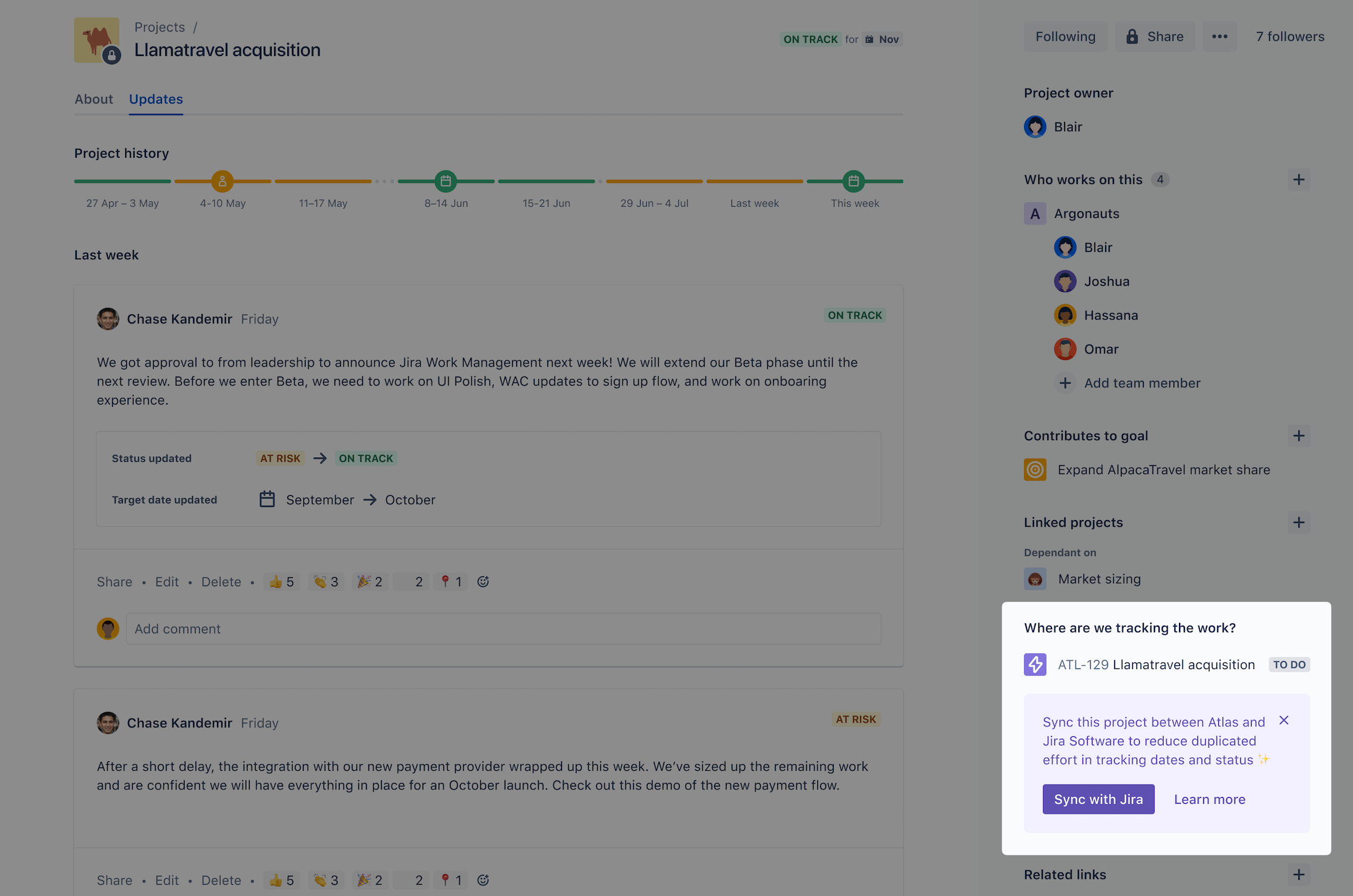 Atlassian project focusing on "Where is the work tracked?" section showing the Jira sync prompt.