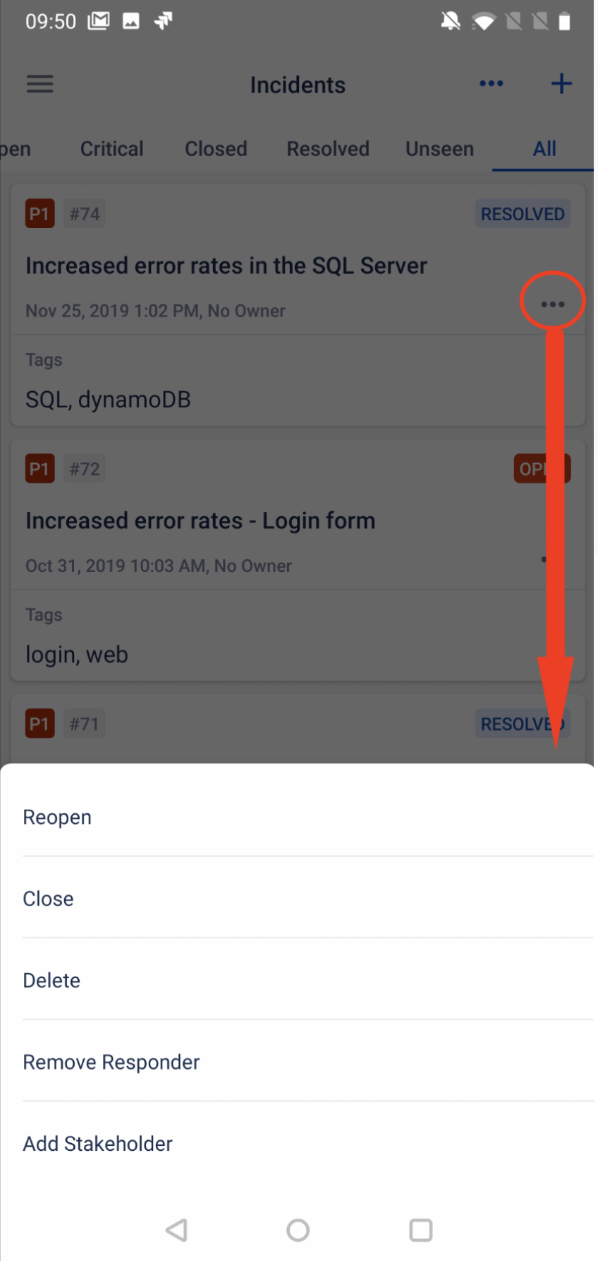 Opsgenie の Android アプリにあるインシデント アクションを示すスクリーンショット。