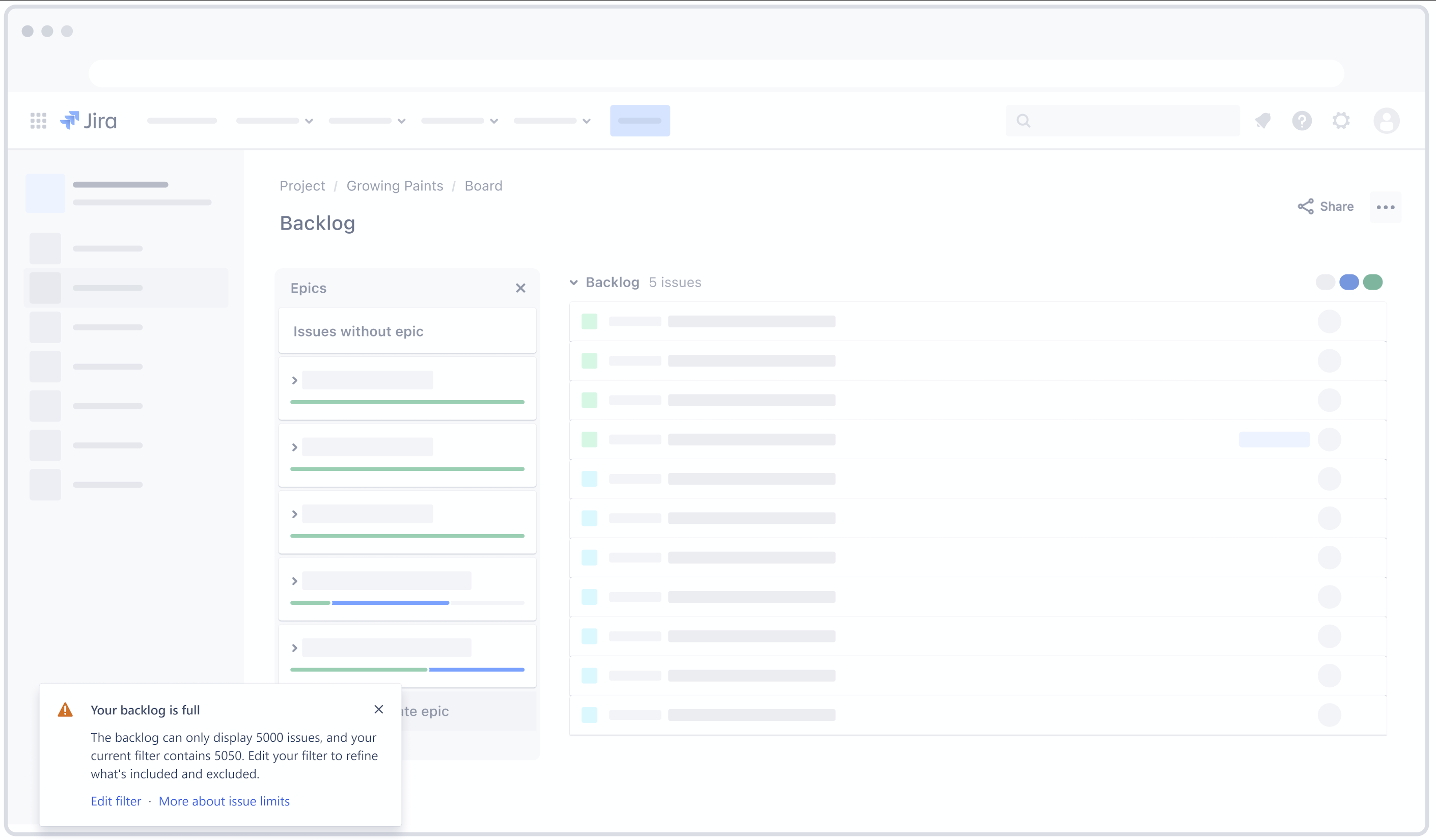 A project backlog with a warning message: Your backlog is full.