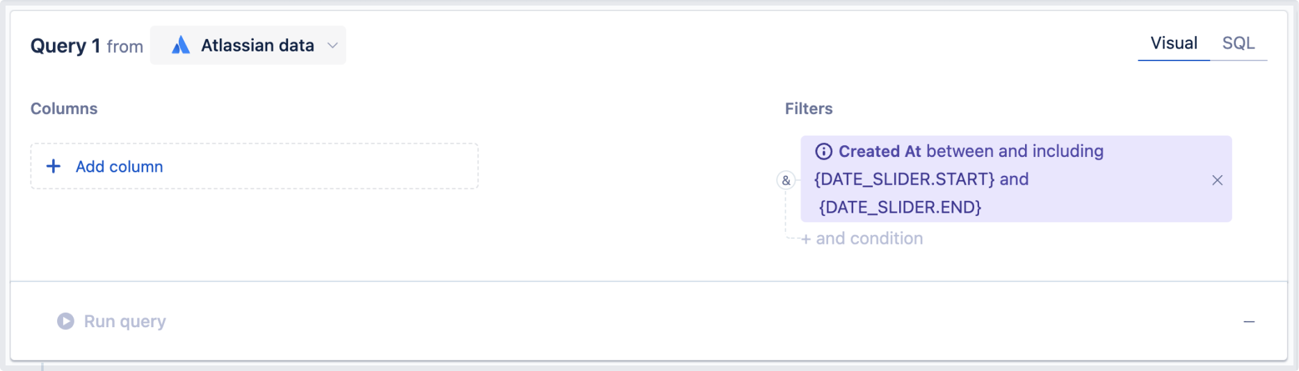 An automatically applied query filter for a "Date slider" control in a visual mode query