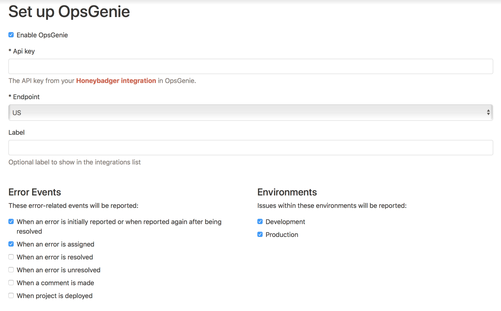 Honeybadger set up Opsgenie