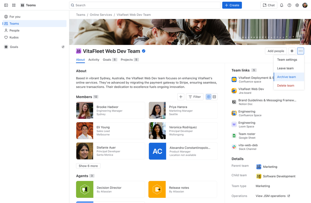 Screenshot of the Archive team button from More dropdown