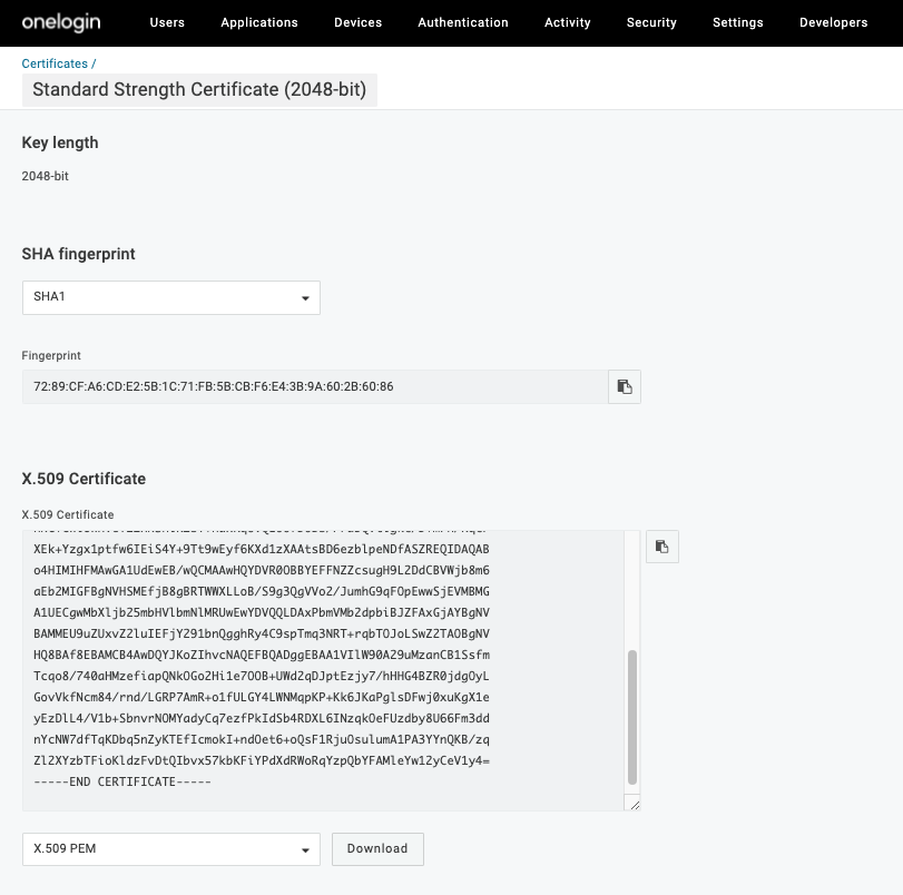 Screenshot showing the x.509 certificate for the SAML app in OneLogin