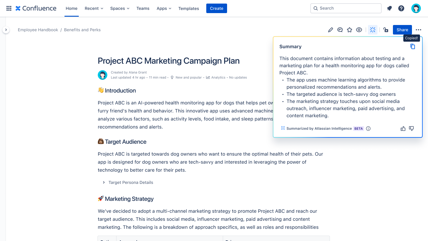 Using Atlassian Intelligence to summarize a page