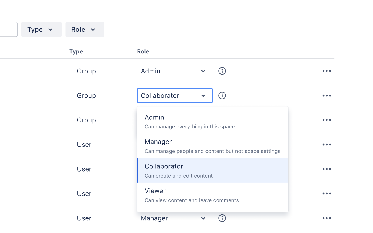 A dropdown menu to select RBAC roles