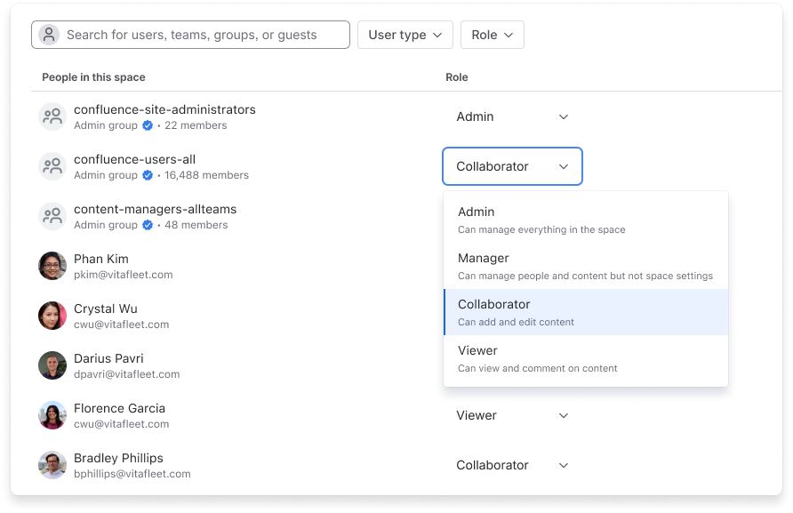 A dropdown menu to select RBAC roles