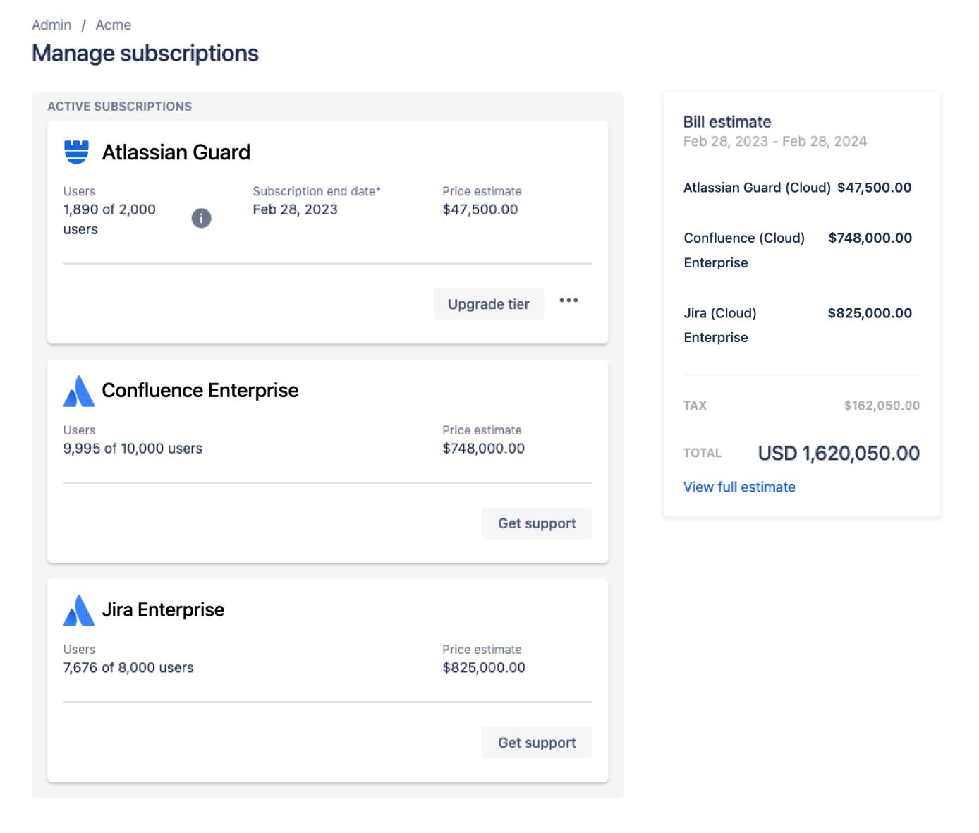 Enterprise plan bills under an organization's Atlassian Access subscription on admin.atlassian.com.