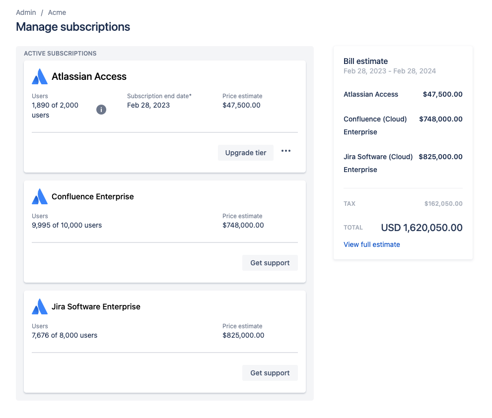 Enterprise plan bills under an organization's Atlassian Access subscription on admin.atlassian.com.