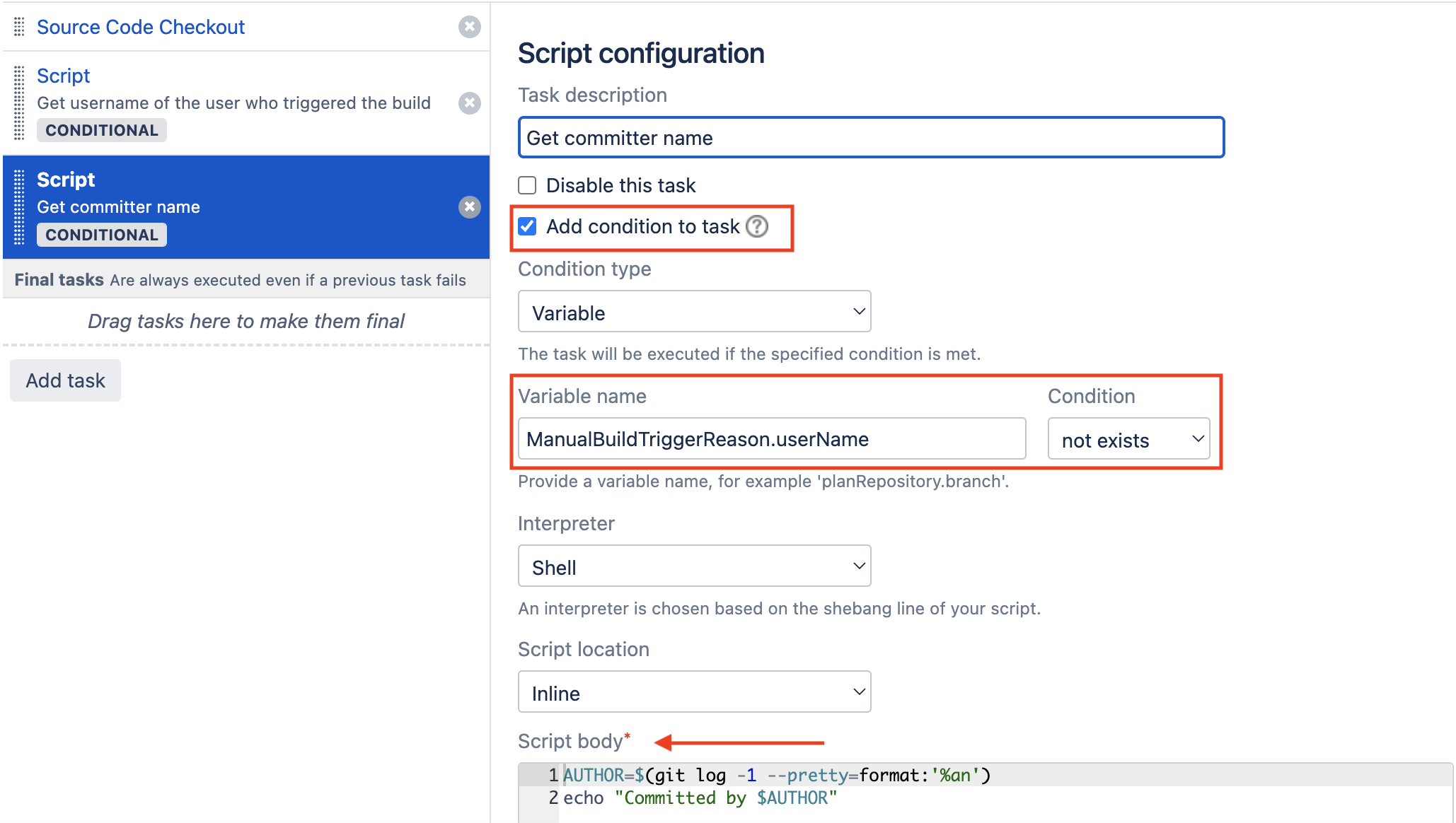 Script task to get committer name in Bamboo