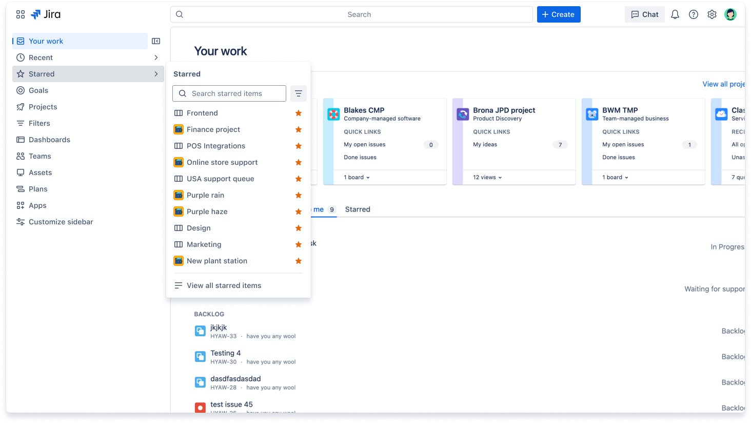 Jira's new navigation showing starred