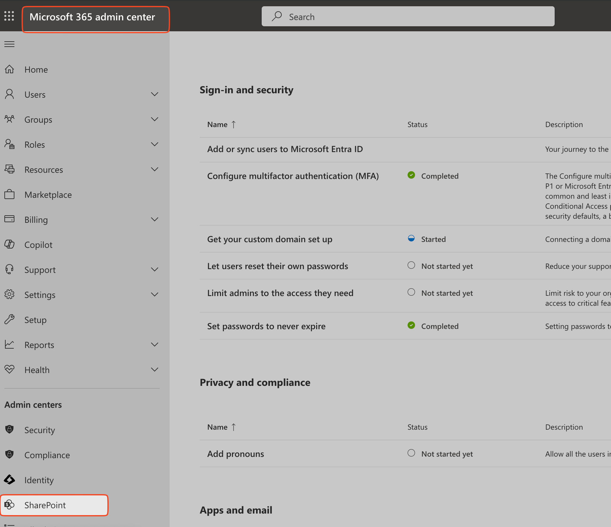 Screenshot of the Micrsoft 365 admin centre, highlighting the navigation to SharePoint