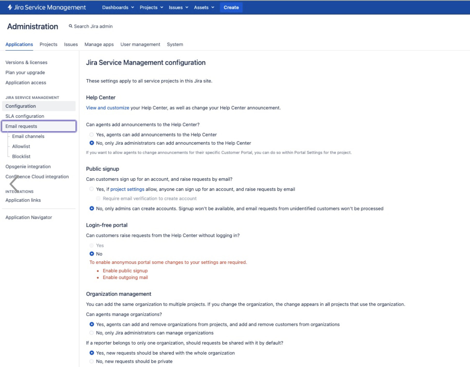 Jira service management email request configuration