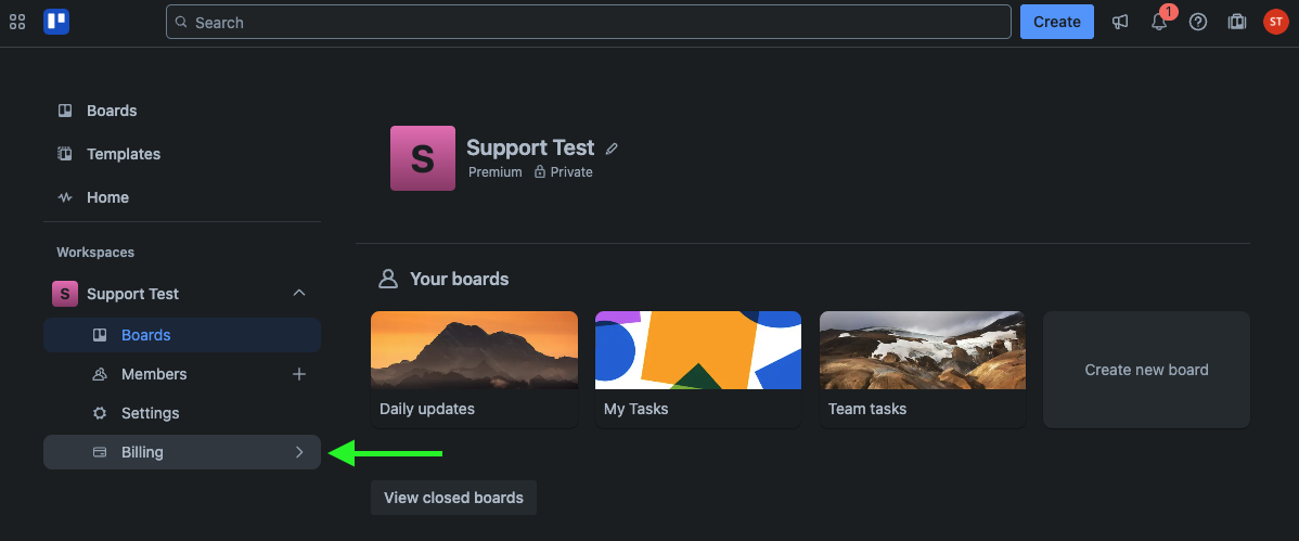 Access the Workspace billing page from the sidebar on the Trello home page.