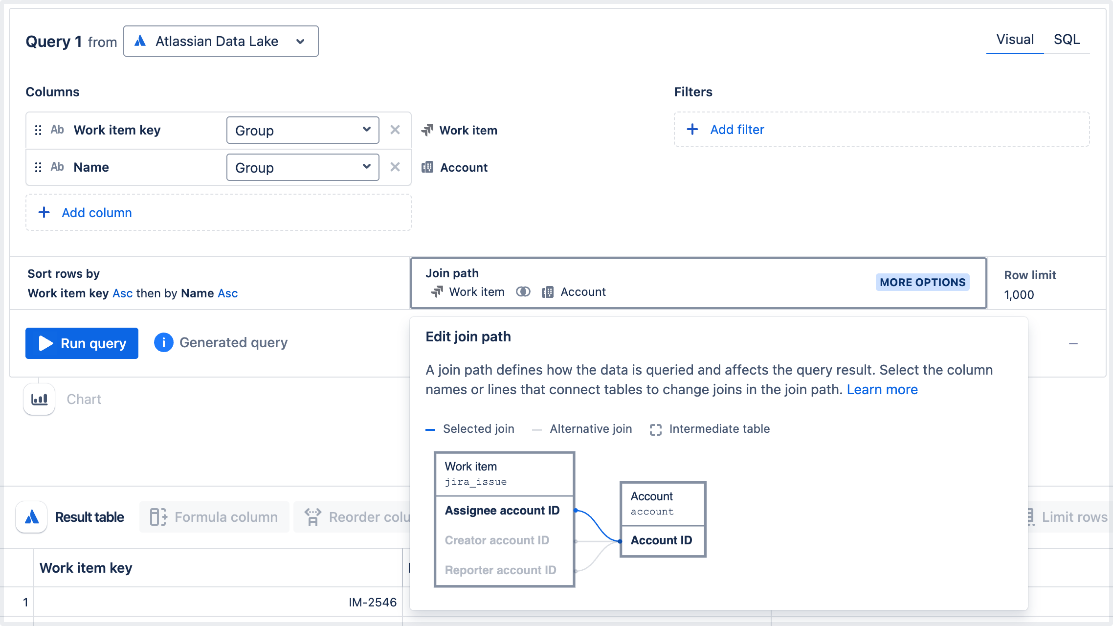Join path in Visual SQL where "Work item" table connects to "Account" table through 3 different foreign keys.