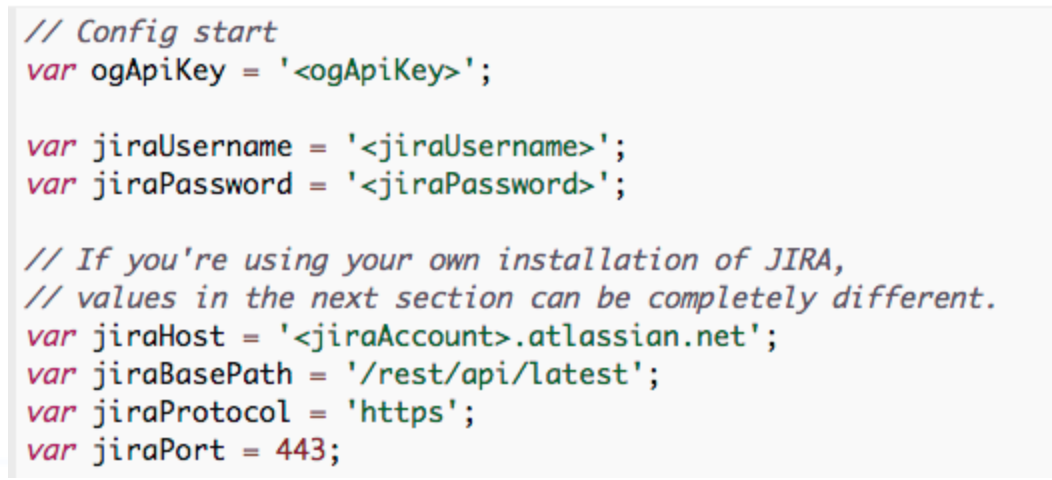 An image showing where to enter Jira values in Opsgenie's AWS Lambda integration.