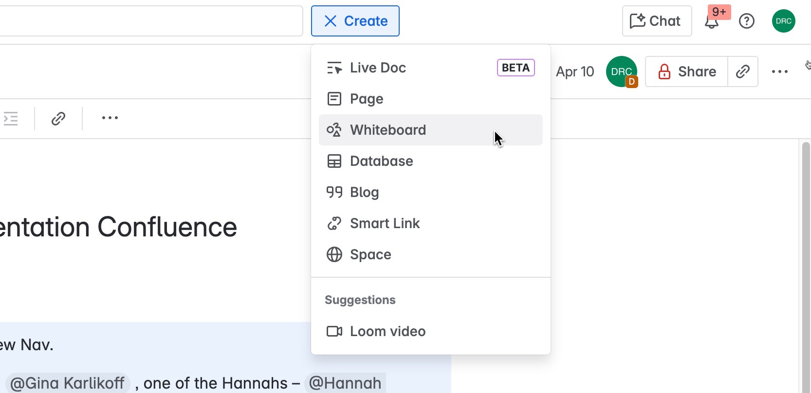 Selecting the whiteboard option from the create button
