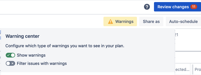 Turn warnings on or off in the Warnings center of Advanced Roadmaps for Jira Software Cloud