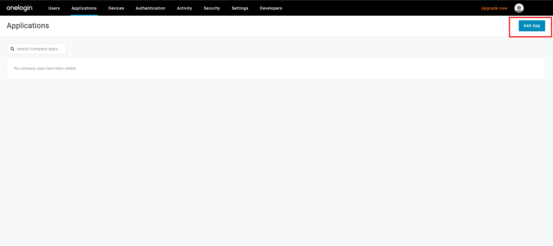 Screenshot showing the 'Add App' button in OneLogin that allows admins to add a new SAML app in OneLogin