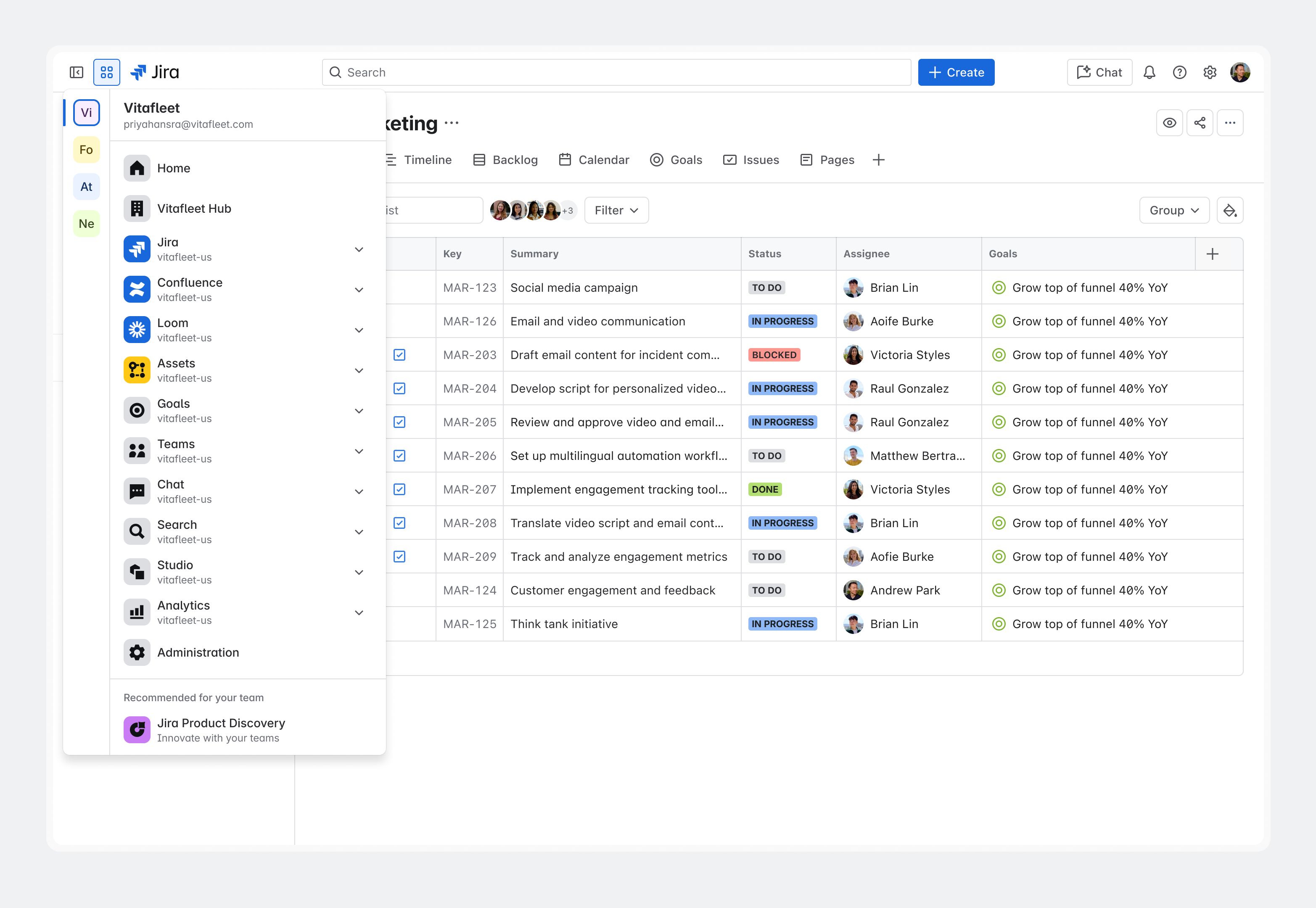 Atlassian app switcher selected displaying a list of apps.