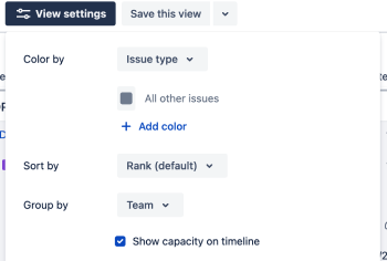 タイムラインでキャパシティを表示するために、Ted は Advanced Roadmaps プランをチーム別にグループ化します。