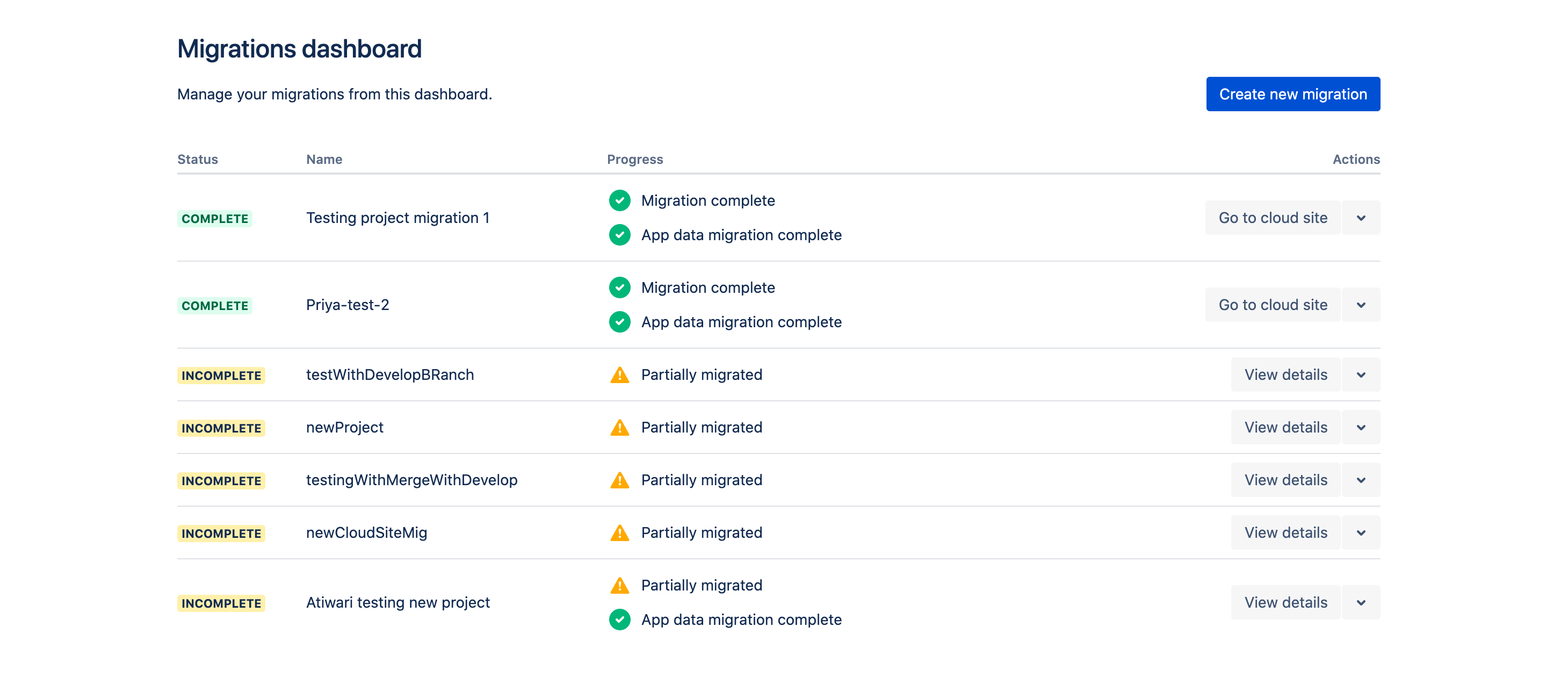 Migrations dashboard with a list of migration plans.