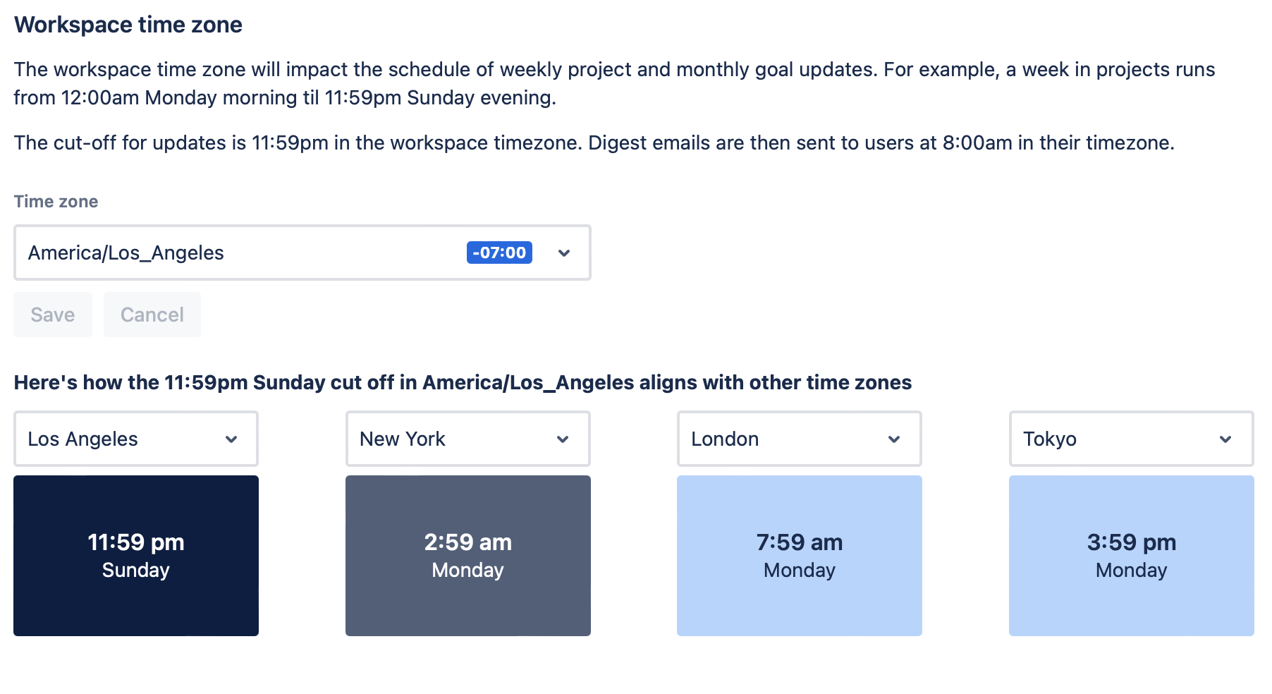 The timezone section of the workspace settings menu.