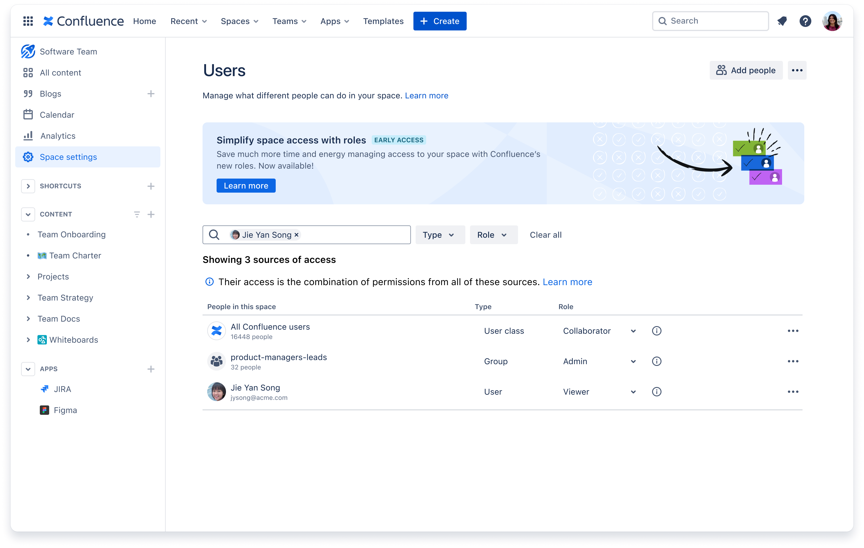 The users screen on Space settings