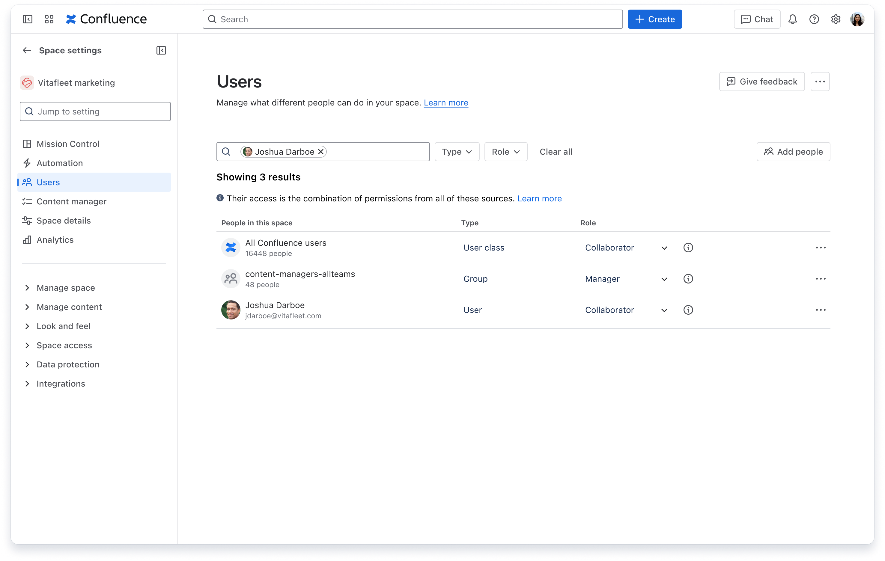 The users screen on Space settings
