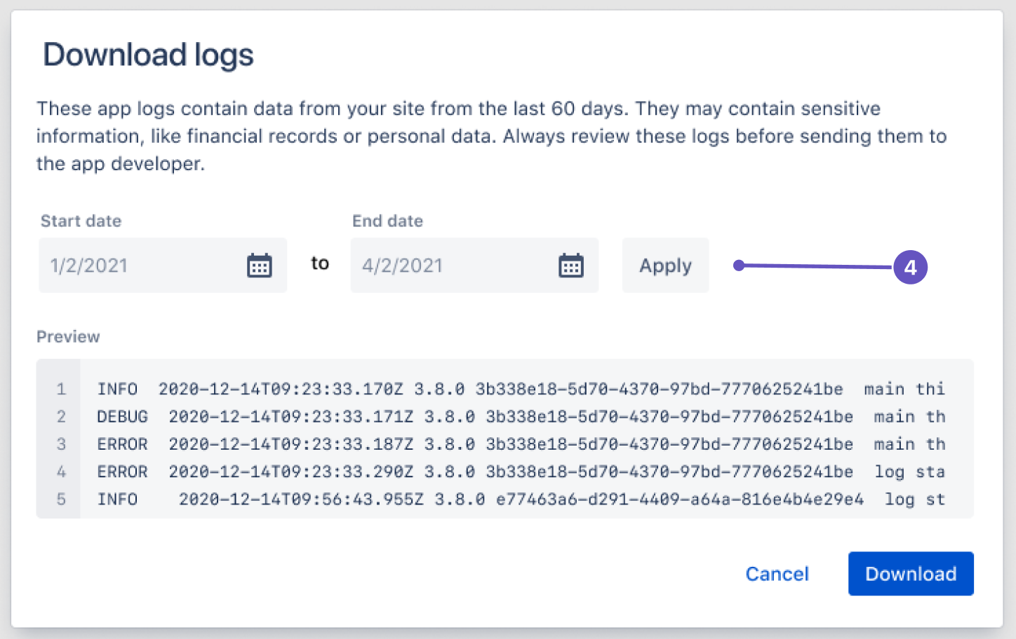 A preview of the logs you're about to download, with start and end dates buttons.