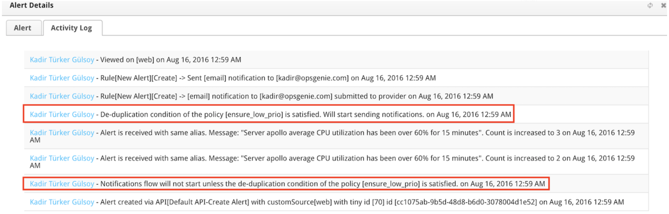 A legacy screenshot of Opsgenie's alert activity log.