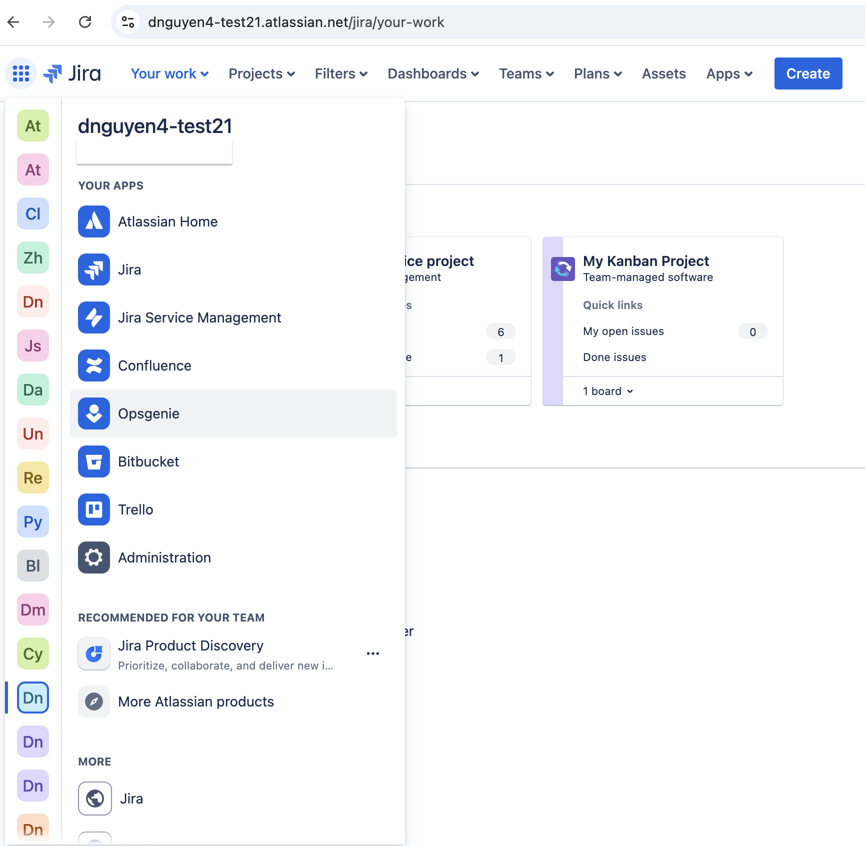 Atlassian app switcher showing the site name and a list of Atlassian Cloud apps