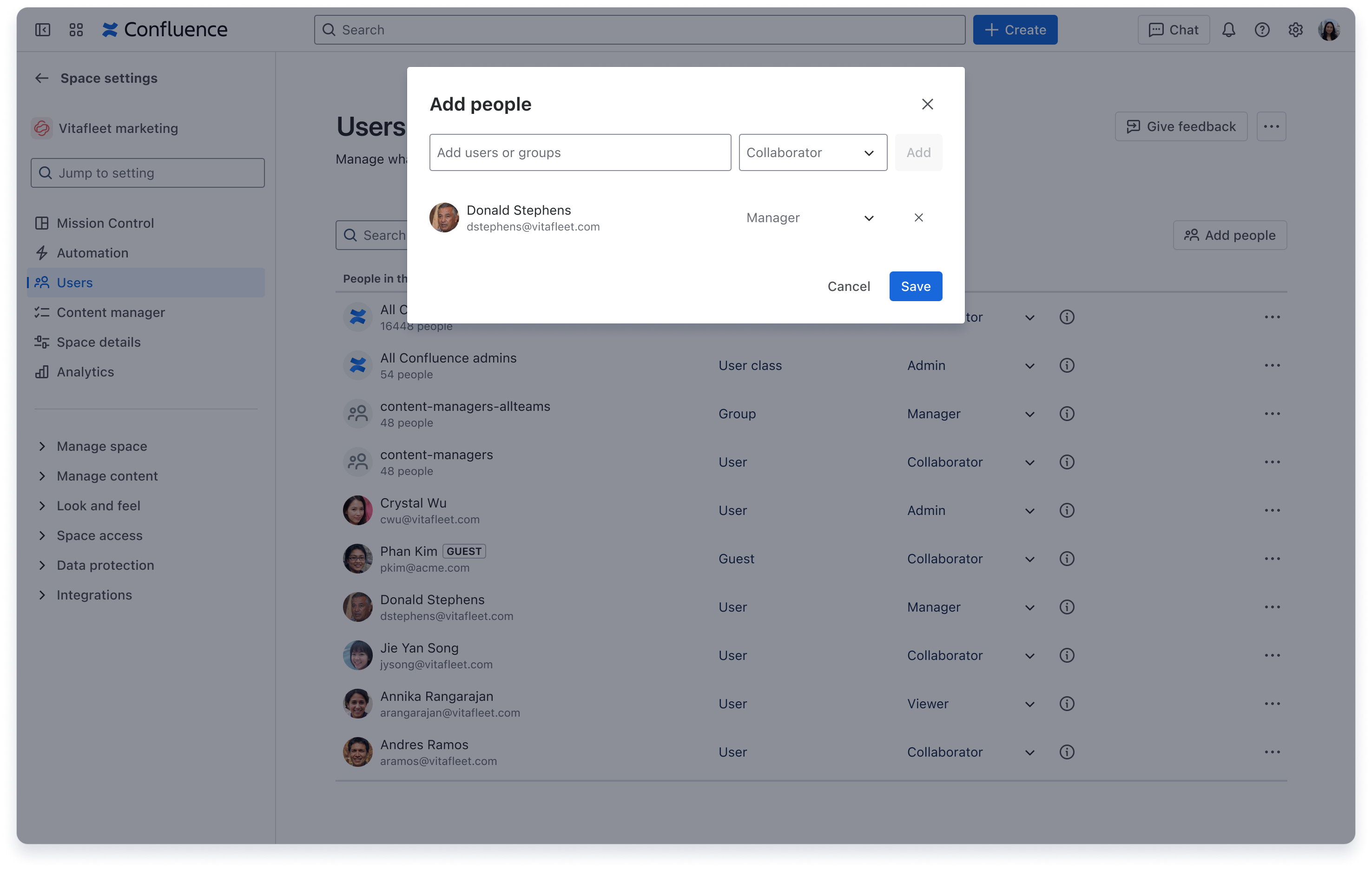 The Add people interface for Confluence roles