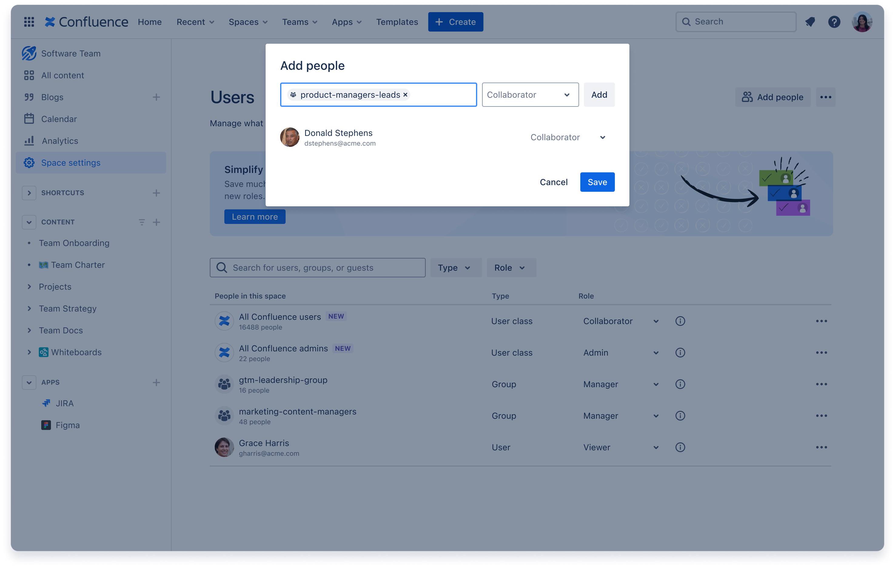 The Add people interface for Confluence roles