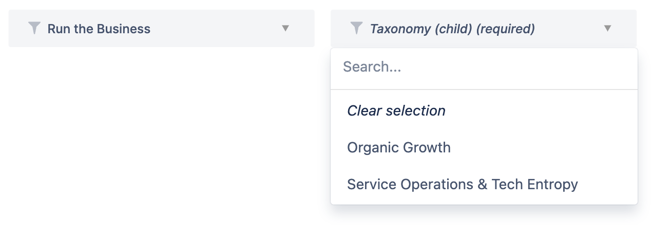Two Dropdown controls on a dashboard. The parent control selection influences options in the child control.