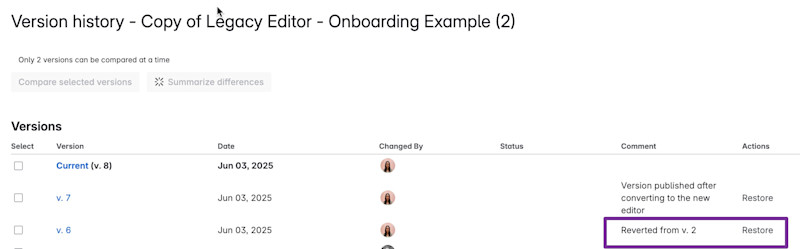 The version history of a page converted from the legacy editor